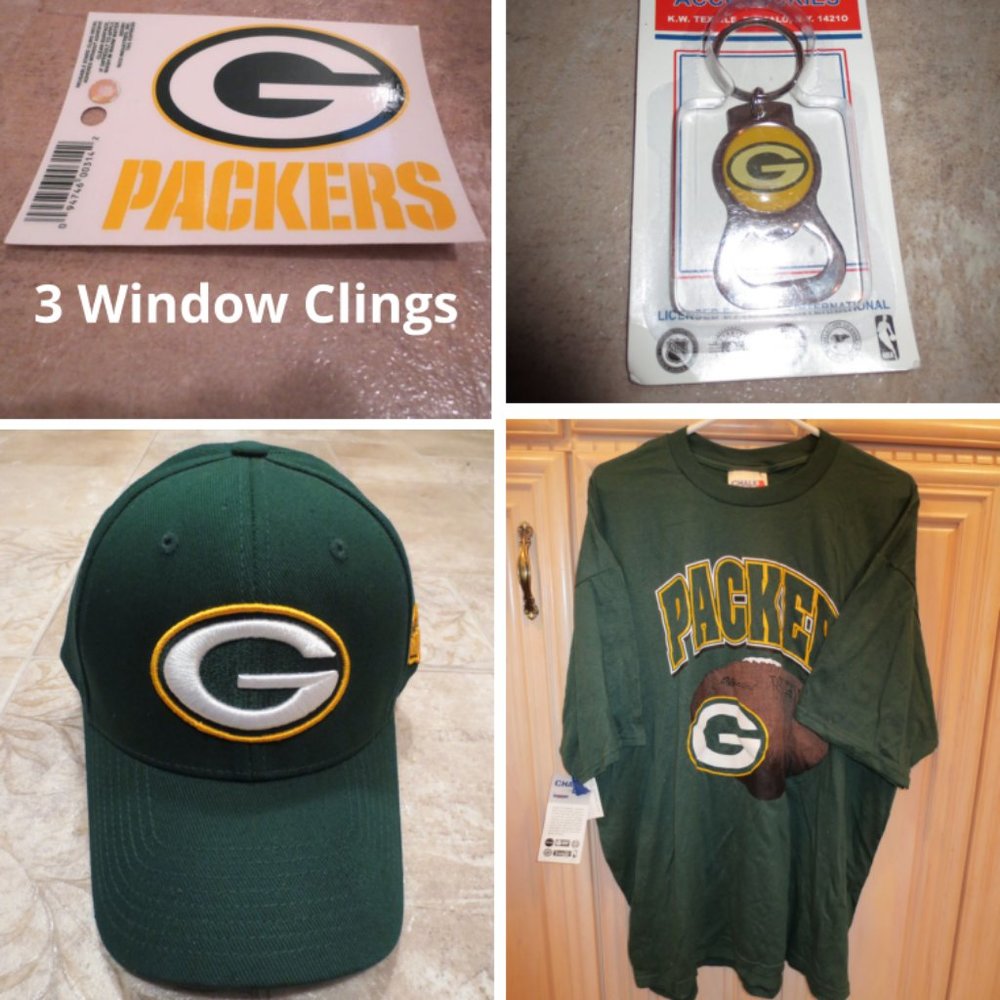 NFL Green Bay Packers Men's Gift Bundle Hat/Cap, T-Shirt, Bottle Opener, Clings